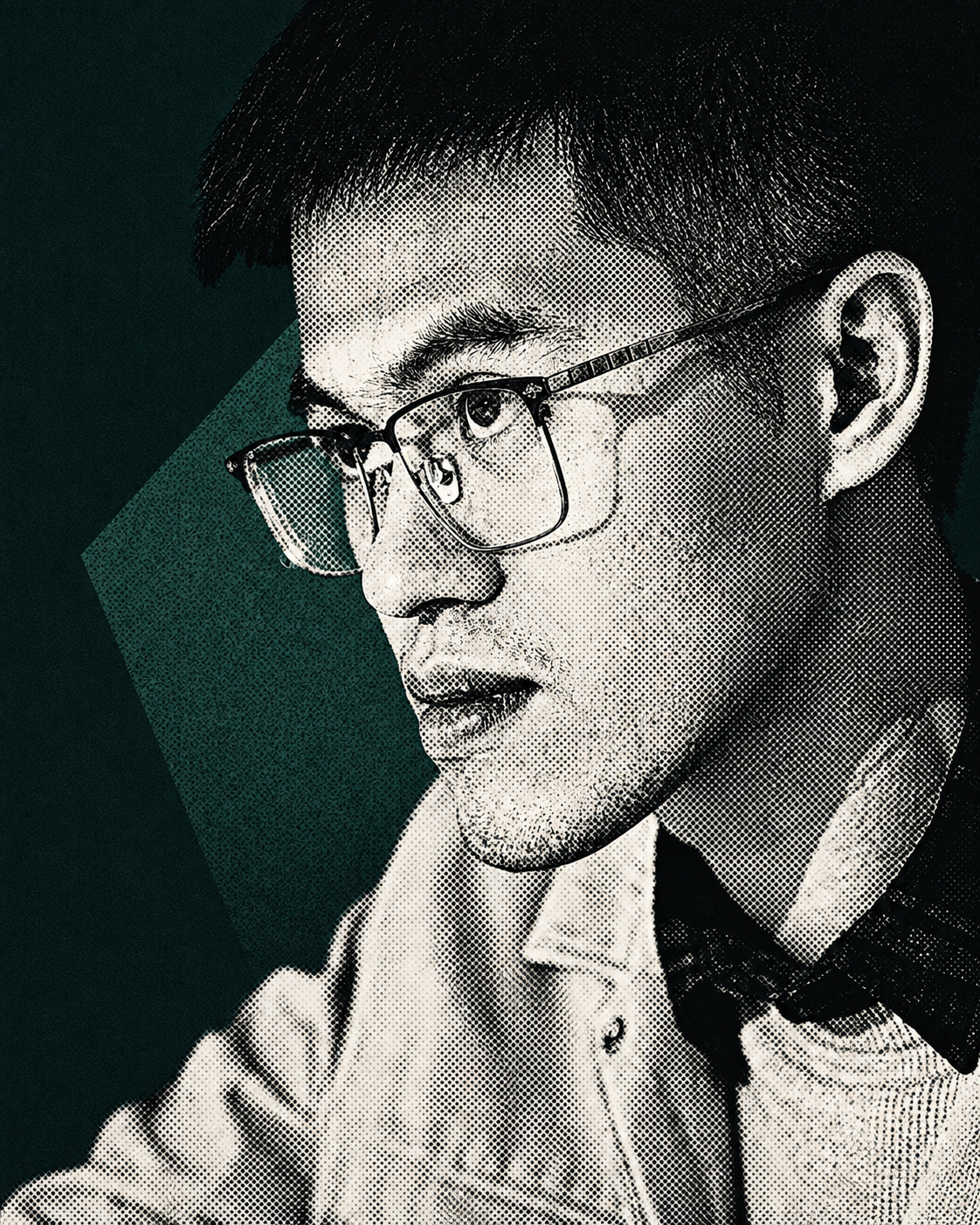 Halftone portrait of Thanh Dan wearing glasses against a deep green background